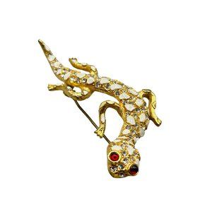 Vintage Gecko Pin Brooch Gold Tone with White Enamel Spots Animal Figural Pin